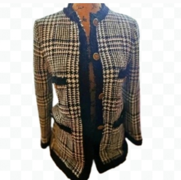 Zara Long Collarless Tweed Houndstooth Jacket Sz Sm - Picture 6 of 6